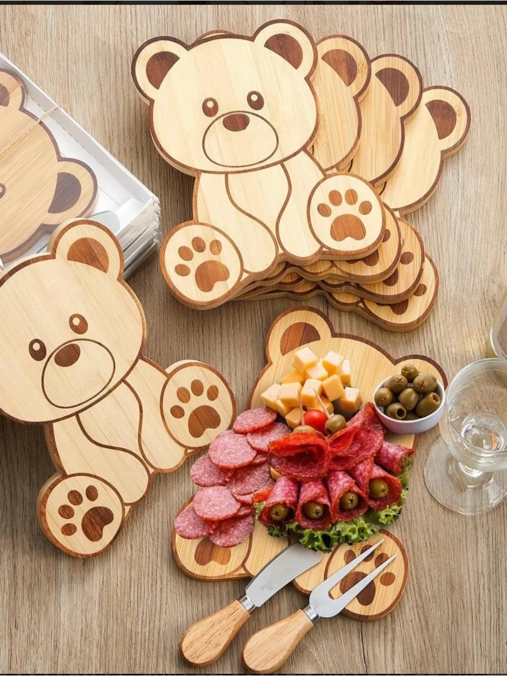 Set of 10 Wooden Bear Cheese & Snack Board - bamboo colored party favor?!?!?